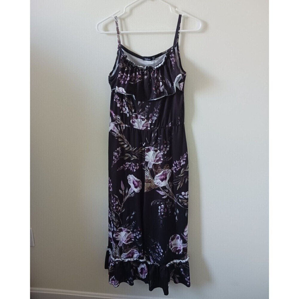 Boohoo‎ Womens Purple White Floral Jumpsuit Spaghetti Strap Wide Leg Ruffle 10